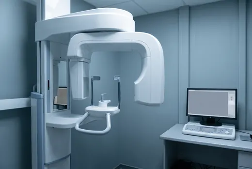 A cone beam CT scanner in a lead-lined dental imaging room with its control console