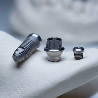 Titanium implant components photographed in macro on a pale surface