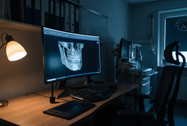 A planning workstation showing a three-dimensional reconstruction of a jaw in blue wireframe
