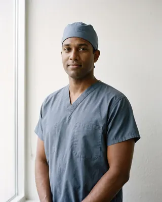 Dr. Marcus Adeyemi in surgical scrubs and cap, standing against a plain wall