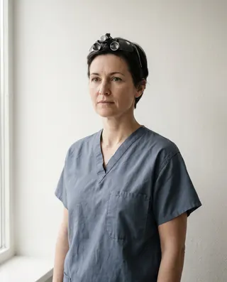 Dr. Ingrid Vestergaard in surgical scrubs with loupes resting on her forehead, against a plain wall