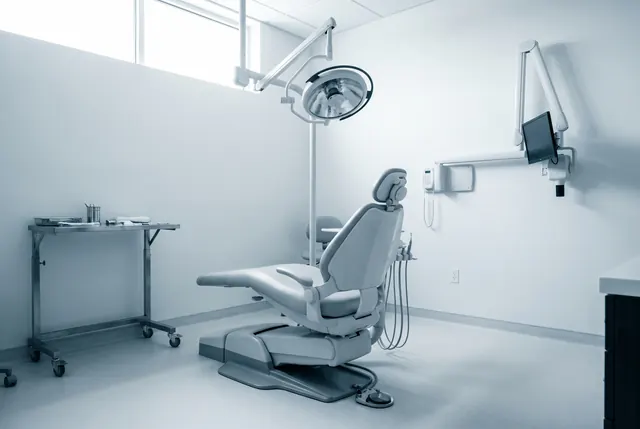 An empty, prepared oral surgery operatory with an articulated surgical light and a stainless bracket table
